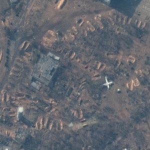 A satellite image shows empty revetments at Antonov Airport in Hostomel